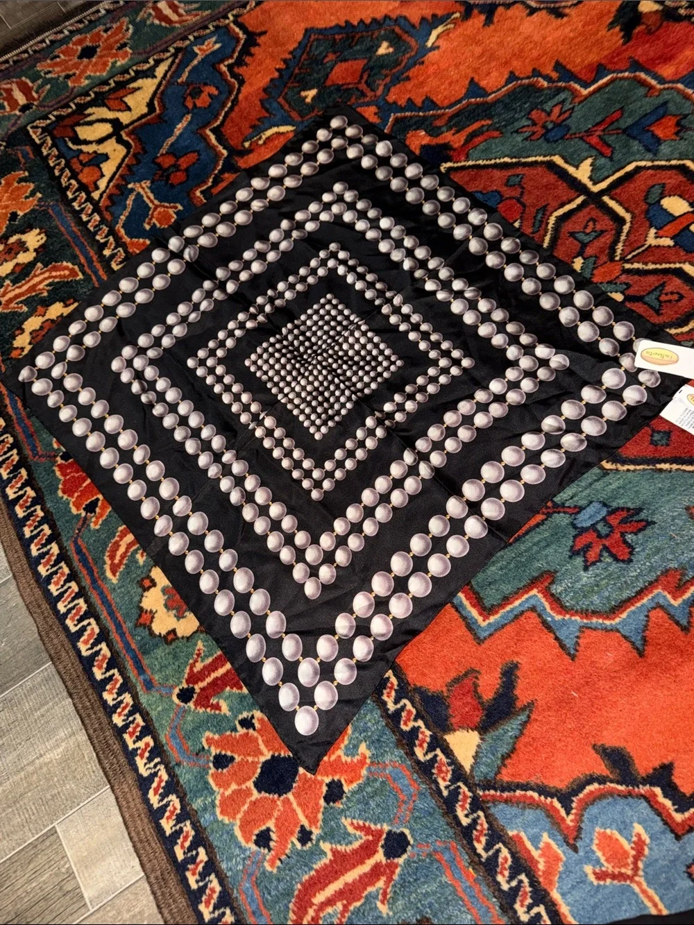 Vintage Talbots New Black and Pearl Pattern Decorative Scarf 100% Silk